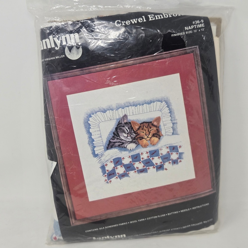 Vintage Janlynn Crewel Embroidery Kit Naptime Kittens 36-9 Virginia Miller 1986